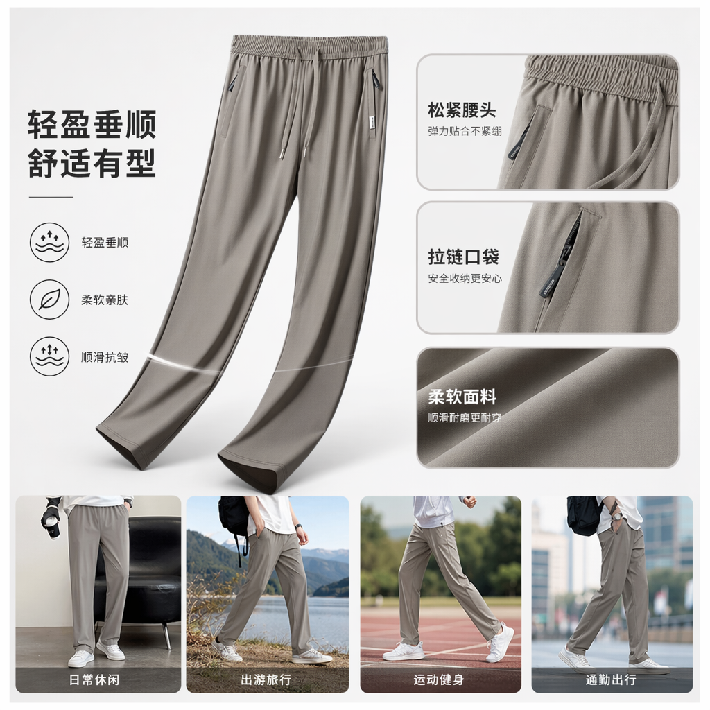 Grey sportswear pants, men's casual loose, tight-fitting, drawstring fitness running pants