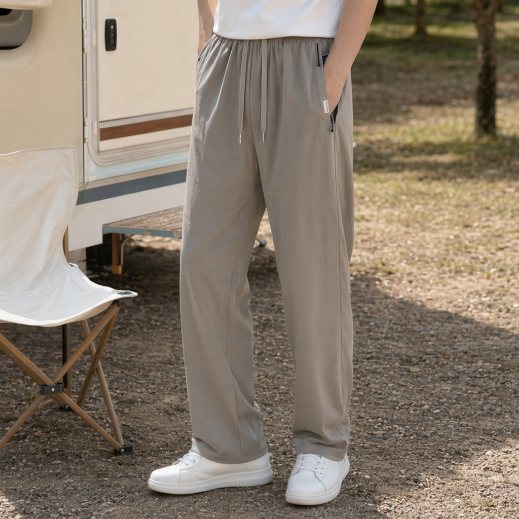 Grey sportswear pants, men's casual loose, tight-fitting, drawstring fitness running pants details Picture