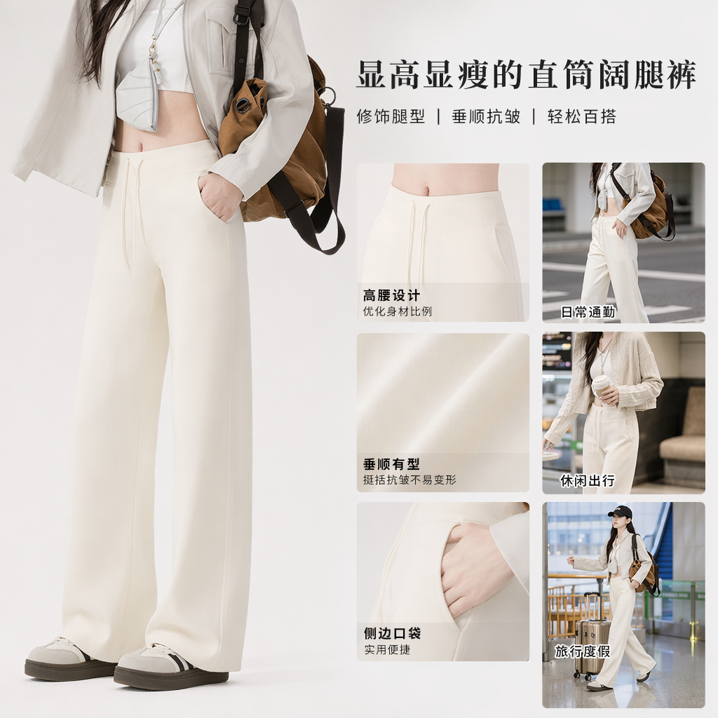 云雾白阔腿裤女高腰垂感显瘦模特同款