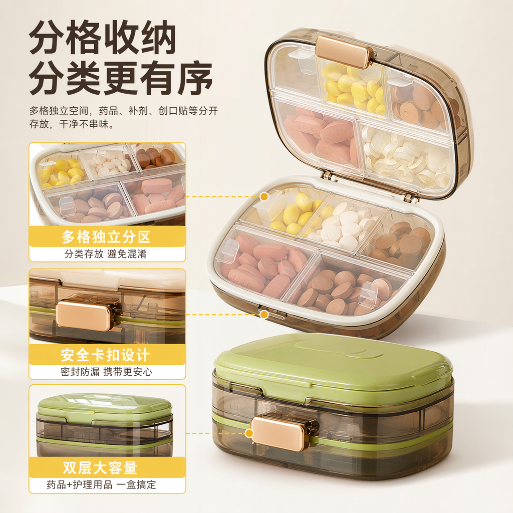 透明分格药盒配绿色底座白色盖子 内含棉签创口贴及多色药片
