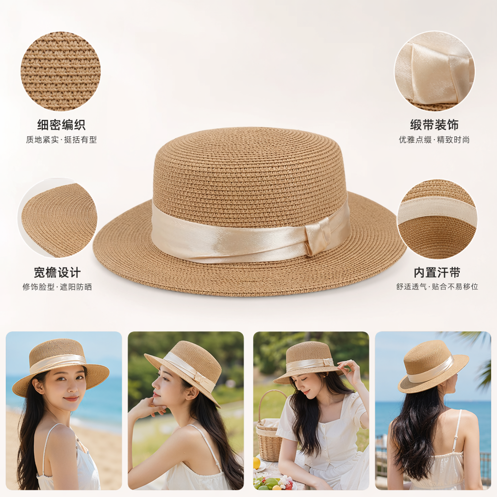 A khaki beige wide-brimmed woven straw hat with a lustrous ribbon bow full image