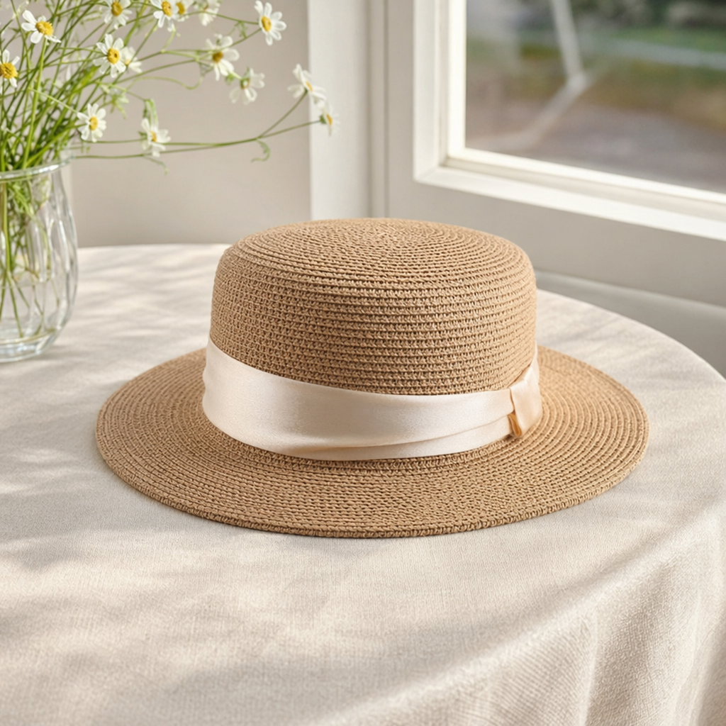 A khaki beige wide-brimmed woven straw hat with a lustrous ribbon bow details Picture