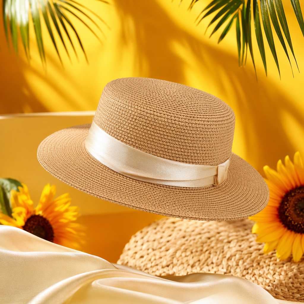 A khaki beige wide-brimmed woven straw hat with a lustrous ribbon bow Specification image