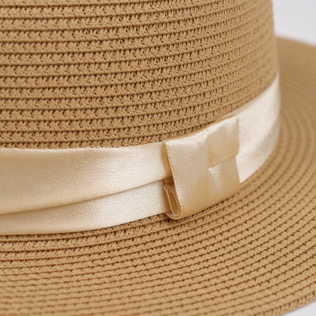A khaki beige wide-brimmed woven straw hat with a lustrous ribbon bow Application Scenario