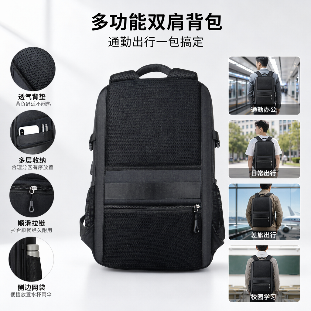 The black wear-resistant nylon commuting backpack is lightweight, large-capacity and has multiple compartments