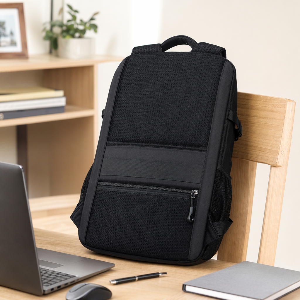 The black wear-resistant nylon commuting backpack is lightweight, large-capacity and has multiple compartments details Picture