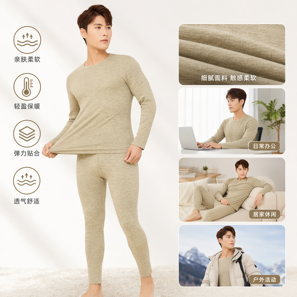 Light green men's long-sleeved shirt and long pants warm suit