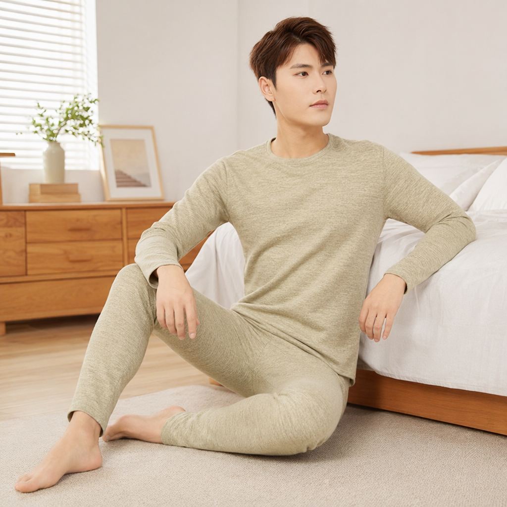 Light green men's long-sleeved shirt and long pants warm suit details Picture