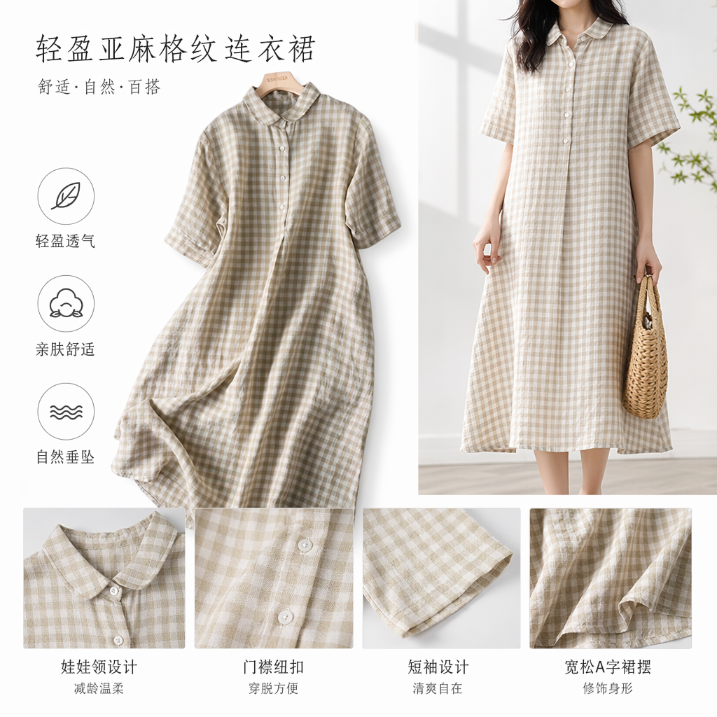 米色格子修身显瘦连衣裙女夏季新款时尚百搭图