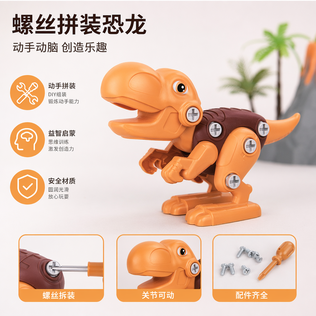 橙色恐龙拼装玩具盒儿童益智积木套装