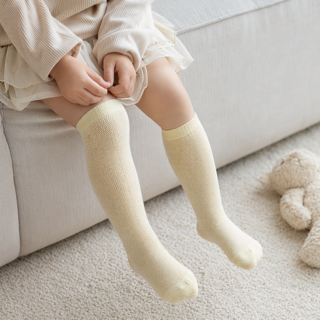 Light yellow knitted socks for women, pure cotton, comfortable and breathable mid-calf socks details Picture