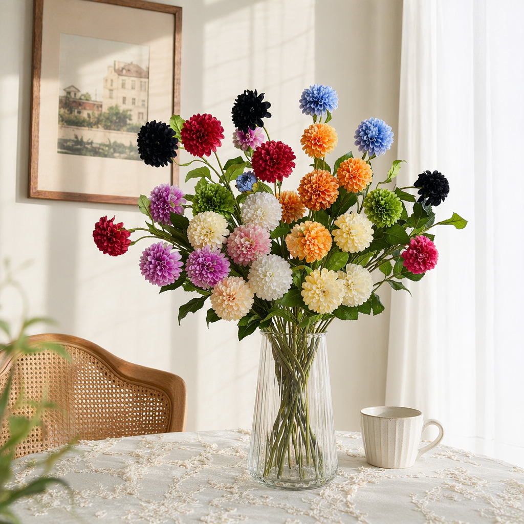 Colorful artificial dahlia bouquets, living room decorative items, home flower arrangement art artificial flowers details Picture