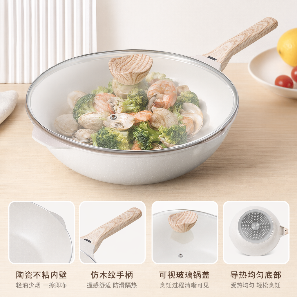 White wok with glass lid and wooden handle, household non-stick frying wok kitchen cookware