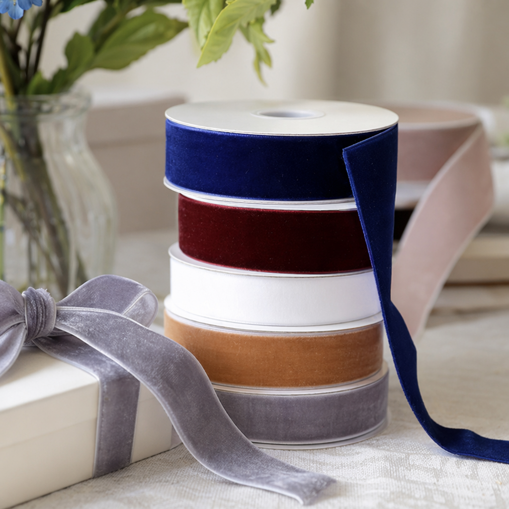 Colorful velvet ribbon and rolled ribbon decoration for DIY gift box packaging, with widths ranging from 5mm to 25mm and multiple colors to choose from details Picture