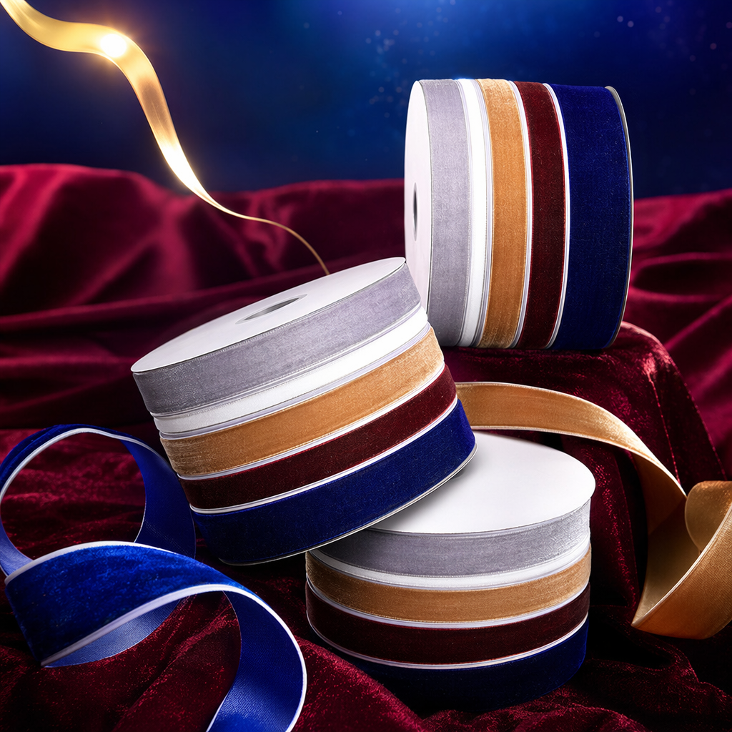 Colorful velvet ribbon and rolled ribbon decoration for DIY gift box packaging, with widths ranging from 5mm to 25mm and multiple colors to choose from Specification image