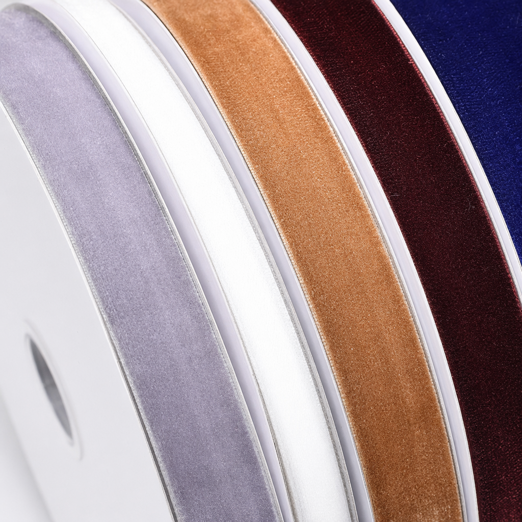 Colorful velvet ribbon and rolled ribbon decoration for DIY gift box packaging, with widths ranging from 5mm to 25mm and multiple colors to choose from Application Scenario