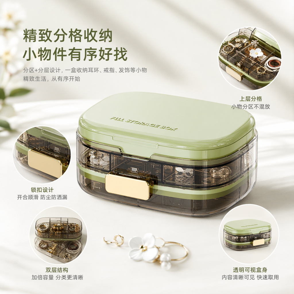 Green medicine box, household portable compartment-type storage box, moisture-proof and sealed medicine organization box