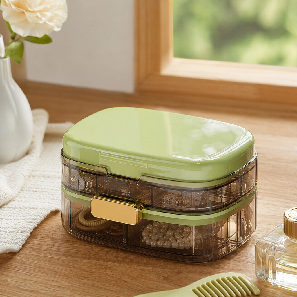 Green medicine box, household portable compartment-type storage box, moisture-proof and sealed medicine organization box details Picture