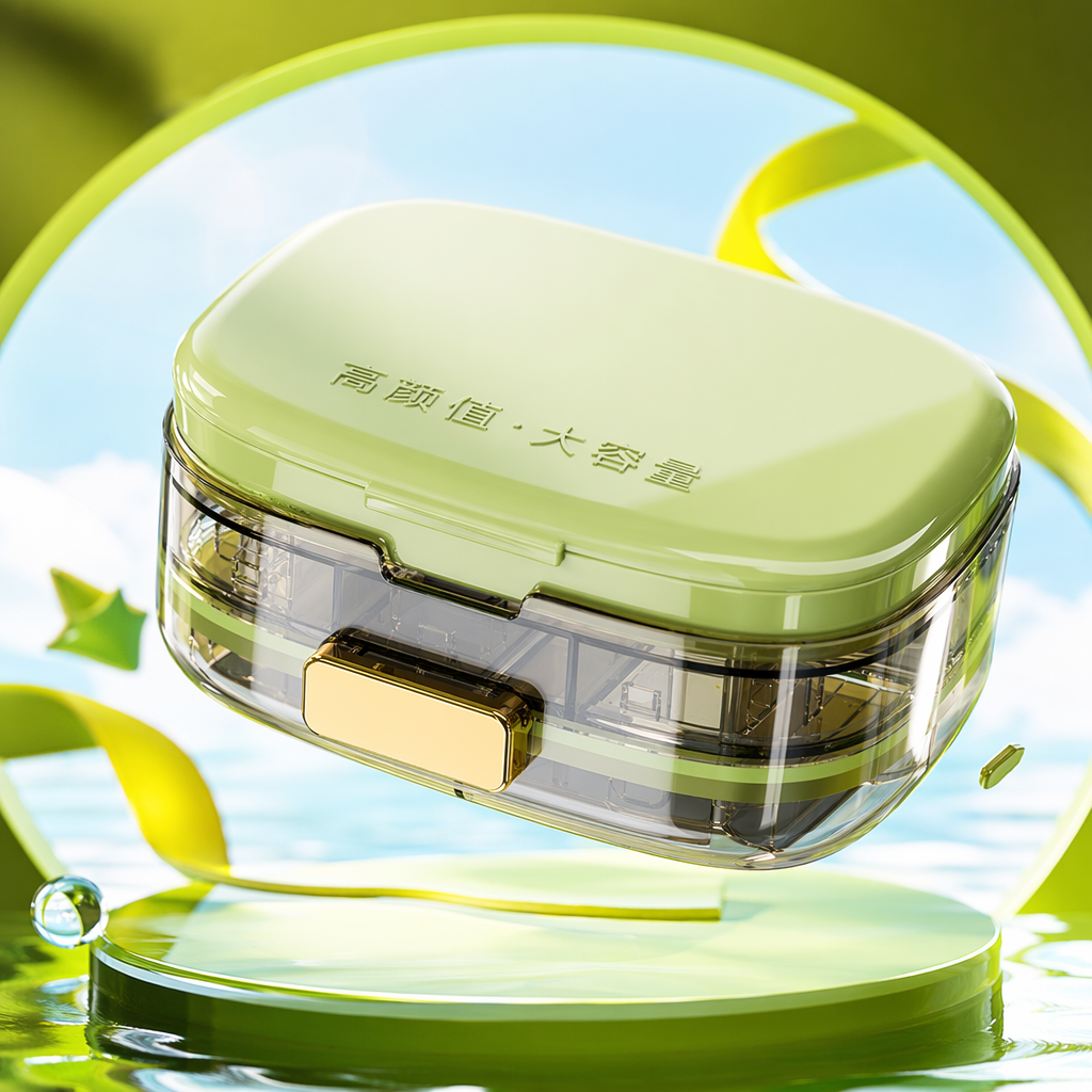 Green medicine box, household portable compartment-type storage box, moisture-proof and sealed medicine organization box Specification image