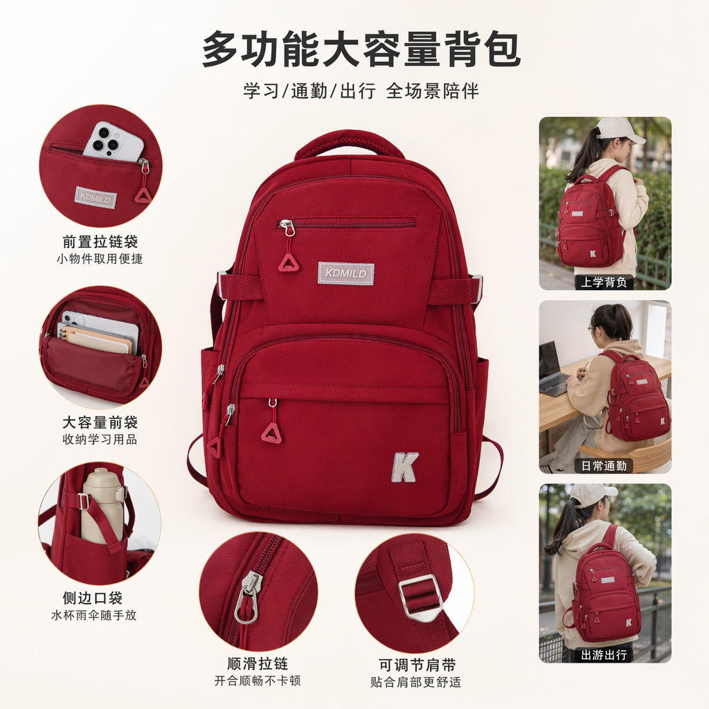 This red backpack is fashionable, lightweight and has a large capacity for student commuting and travel