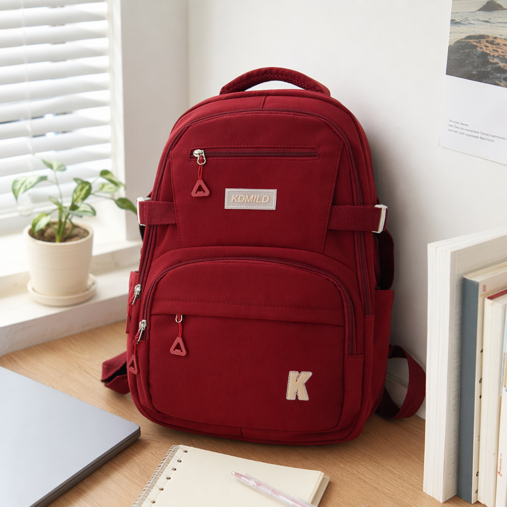 This red backpack is fashionable, lightweight and has a large capacity for student commuting and travel details Picture