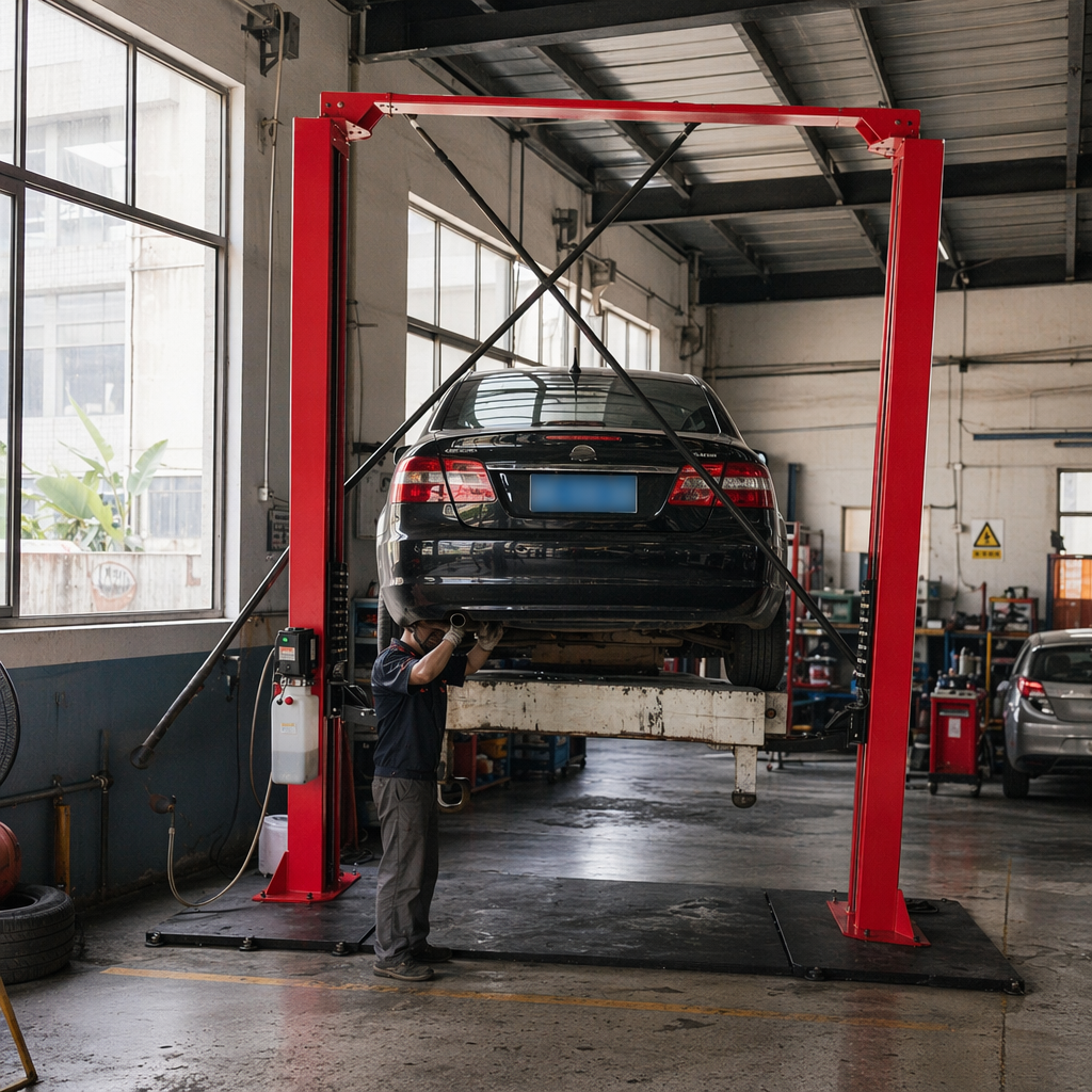 Red double-column lift, 4.2-ton automotive maintenance lifting equipment, industrial-grade hydraulic details Picture