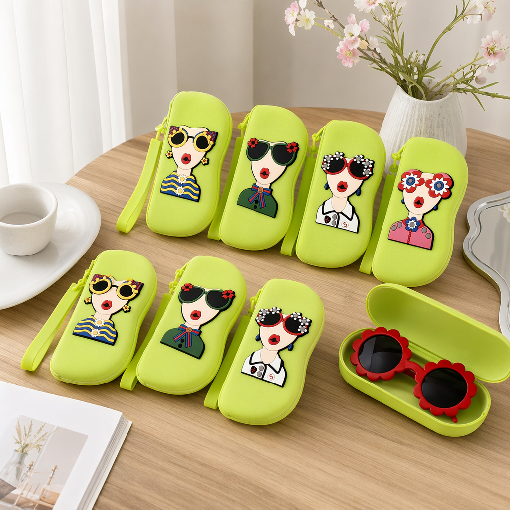The eyeglass case is decorated with a green cartoon female avatar details Picture