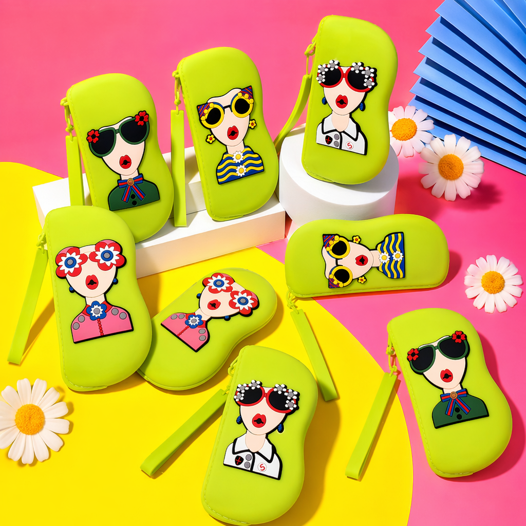 The eyeglass case is decorated with a green cartoon female avatar Specification image