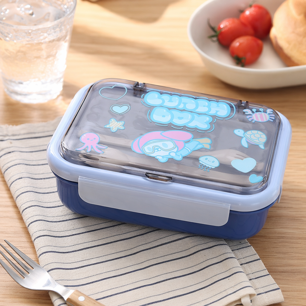 Blue cartoon children's lunch box, bento box, insulated lunch box, household student lunch box details Picture