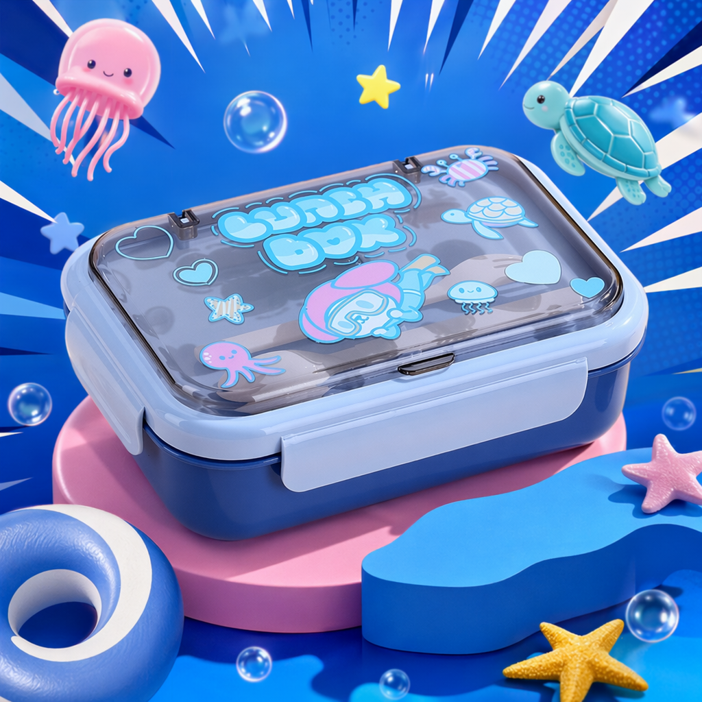 Blue cartoon children's lunch box, bento box, insulated lunch box, household student lunch box Specification image