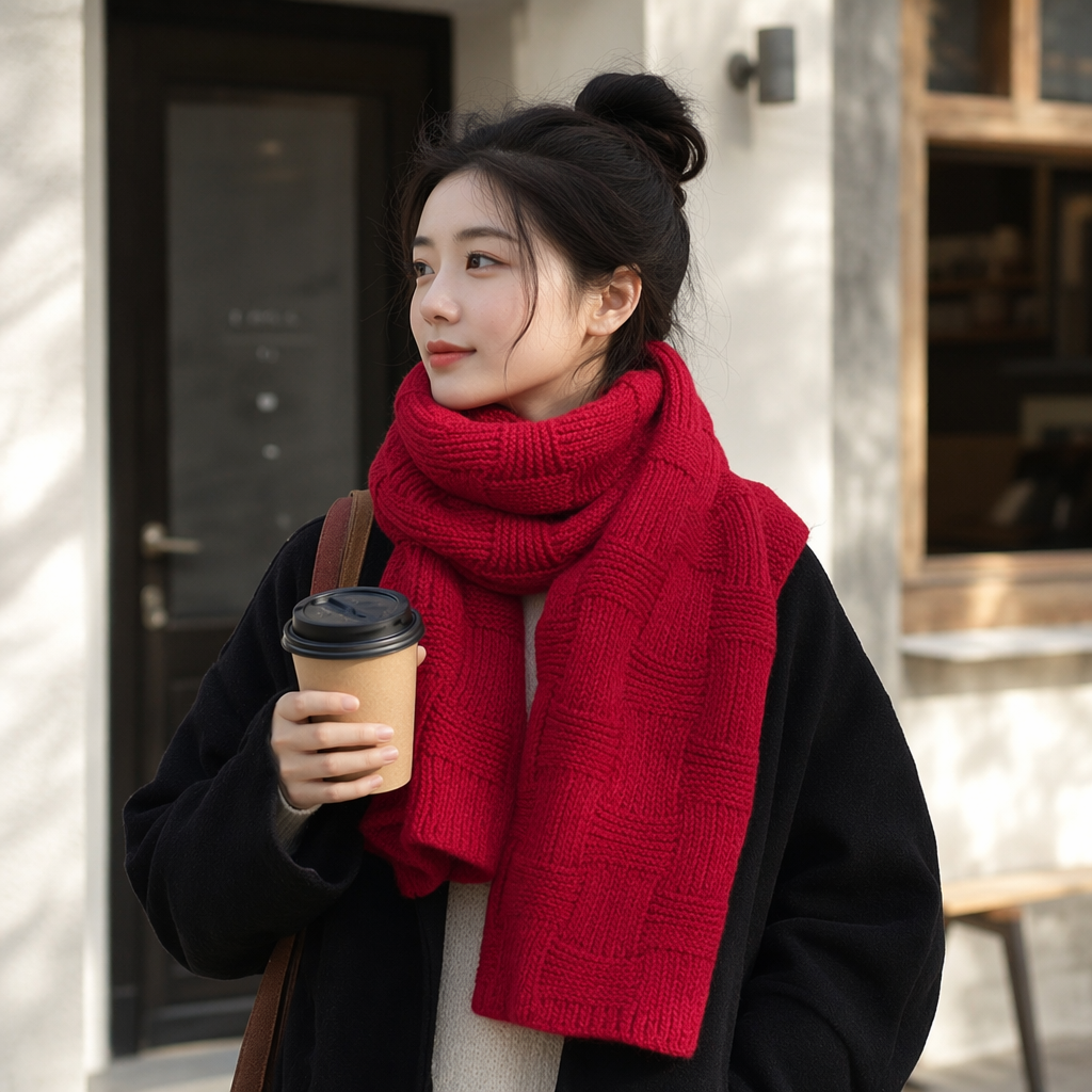 Red knitted scarf for women, warm and versatile in autumn and winter, solid color woolen long style details Picture