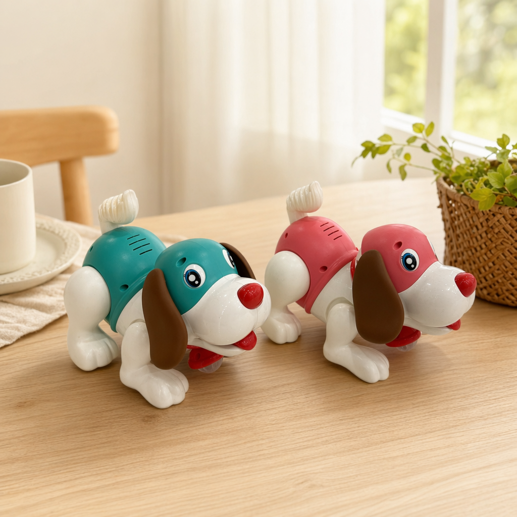 A cute and adorable plush toy of a red, white, green and white puppy details Picture