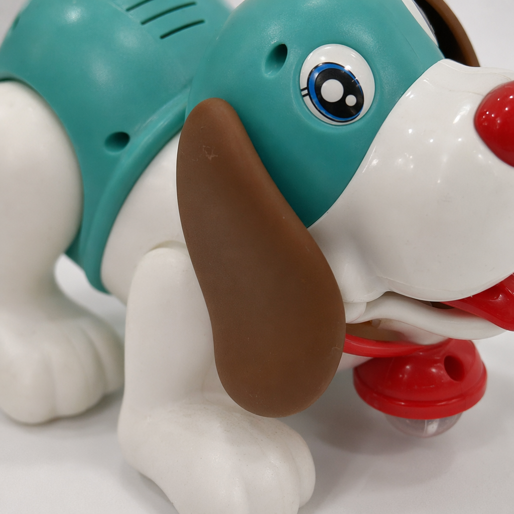 A cute and adorable plush toy of a red, white, green and white puppy Application Scenario