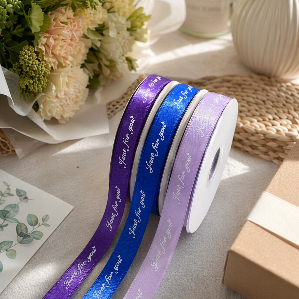 Colorful ribbon rolls in purple, blue and light purple three-roll Just for you heart print details Picture