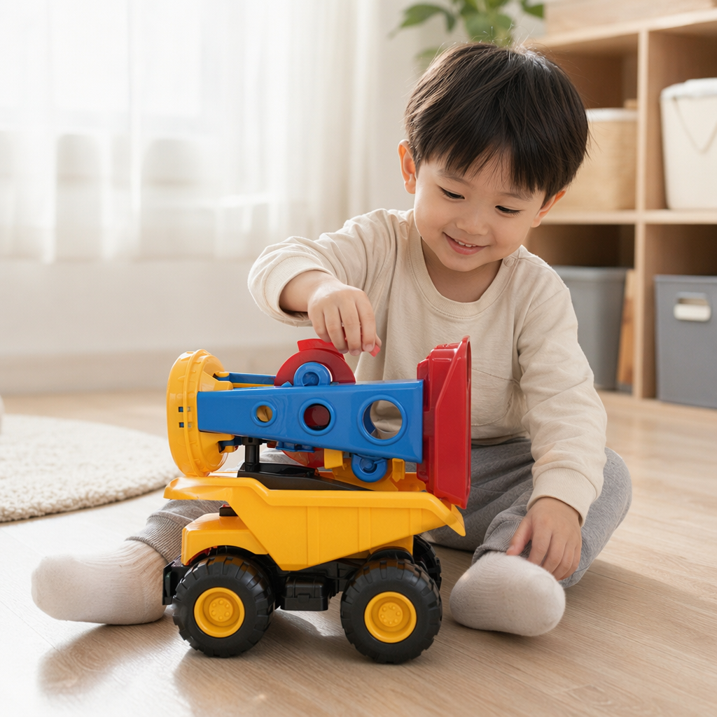 Yellow engineering vehicle toy set: excavator, bulldozer, crane combination for boys' educational early education details Picture