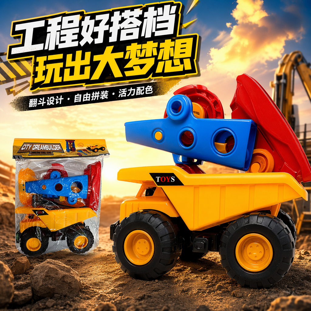 Yellow engineering vehicle toy set: excavator, bulldozer, crane combination for boys' educational early education Specification image