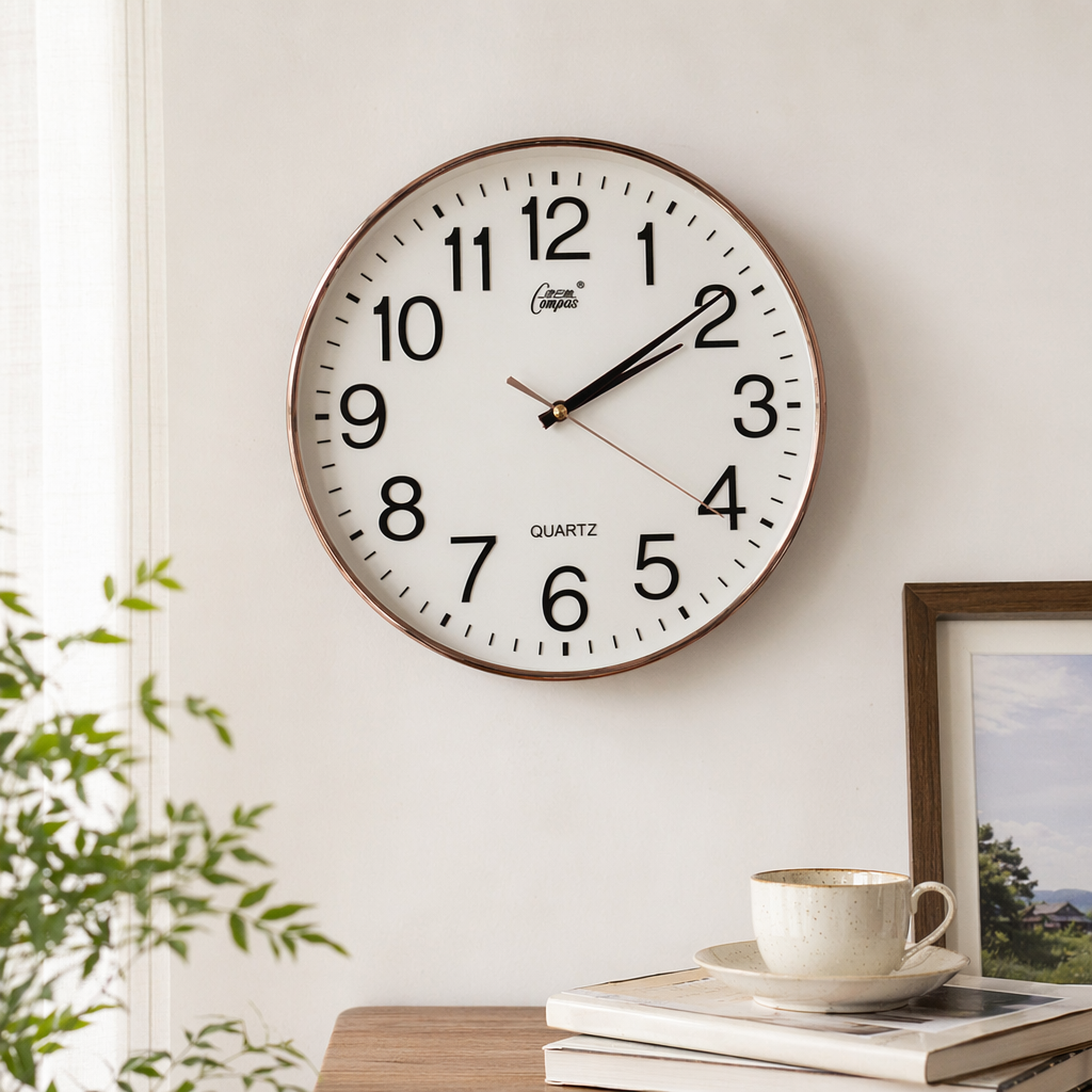 A simple and modern wall-mounted clock with a white dial and golden frame for the living room and bedroom details Picture