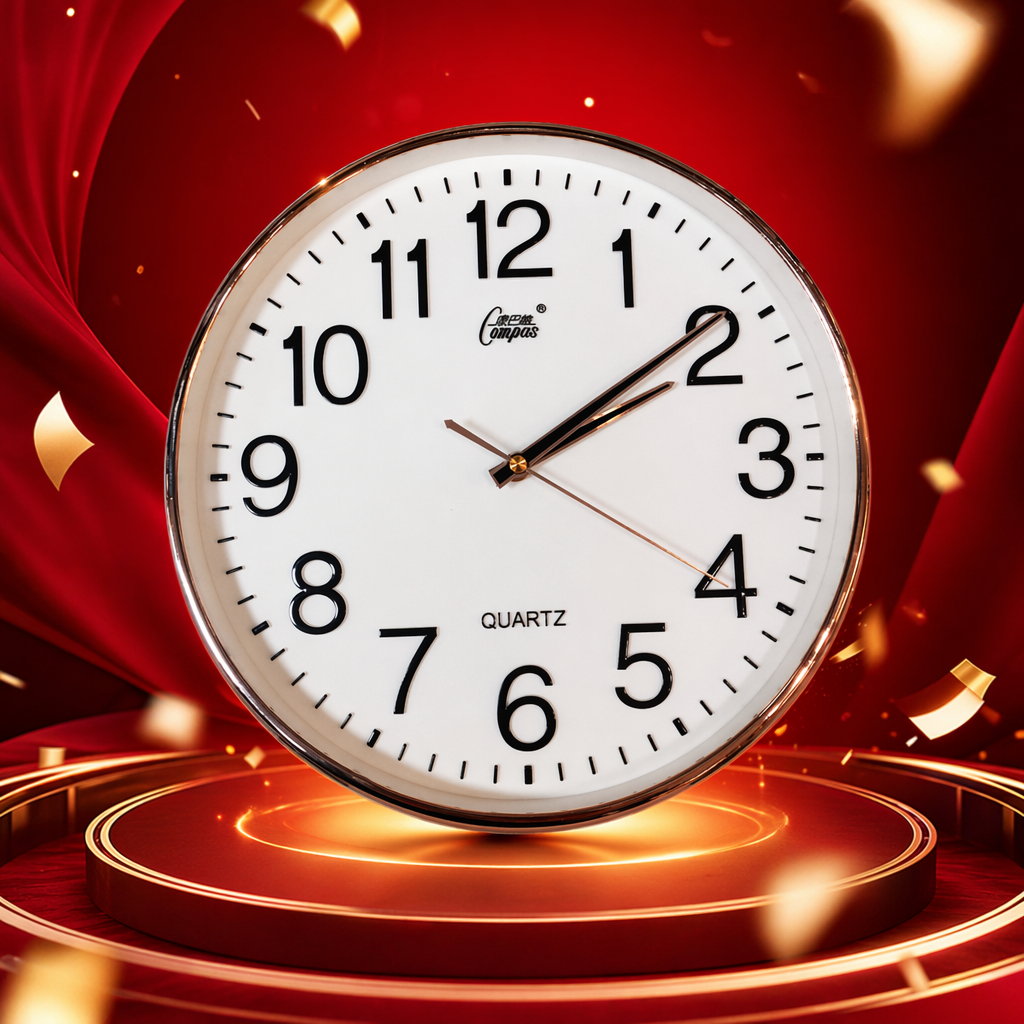 A simple and modern wall-mounted clock with a white dial and golden frame for the living room and bedroom Specification image
