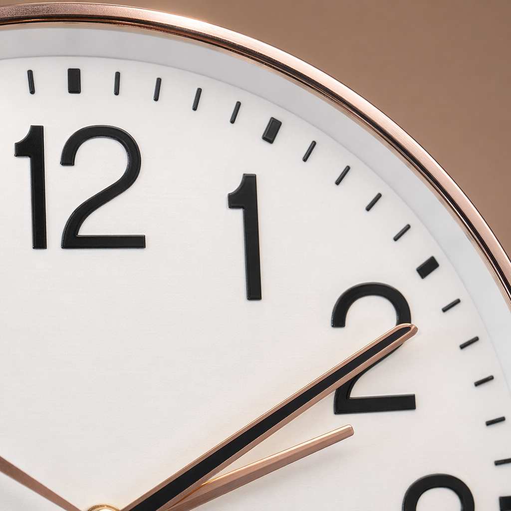 A simple and modern wall-mounted clock with a white dial and golden frame for the living room and bedroom Application Scenario
