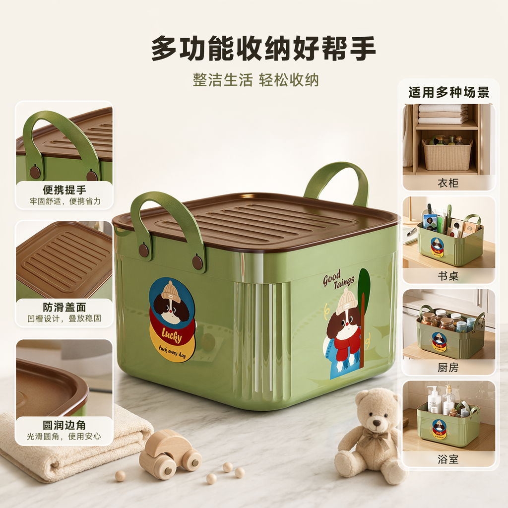 Green square covered storage box for home organization and storage, simple and environmentally friendly plastic