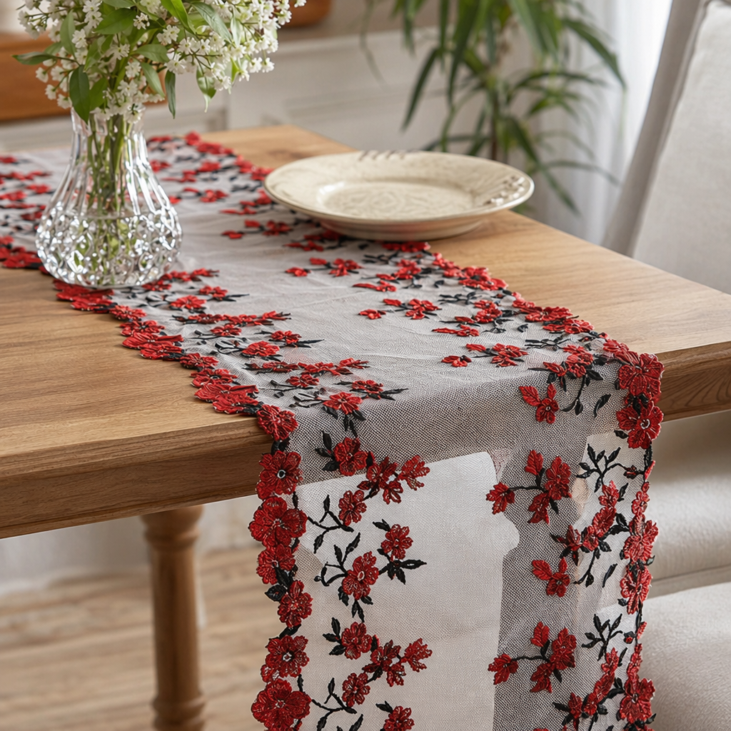 Red embroidered floral lace trim details Picture