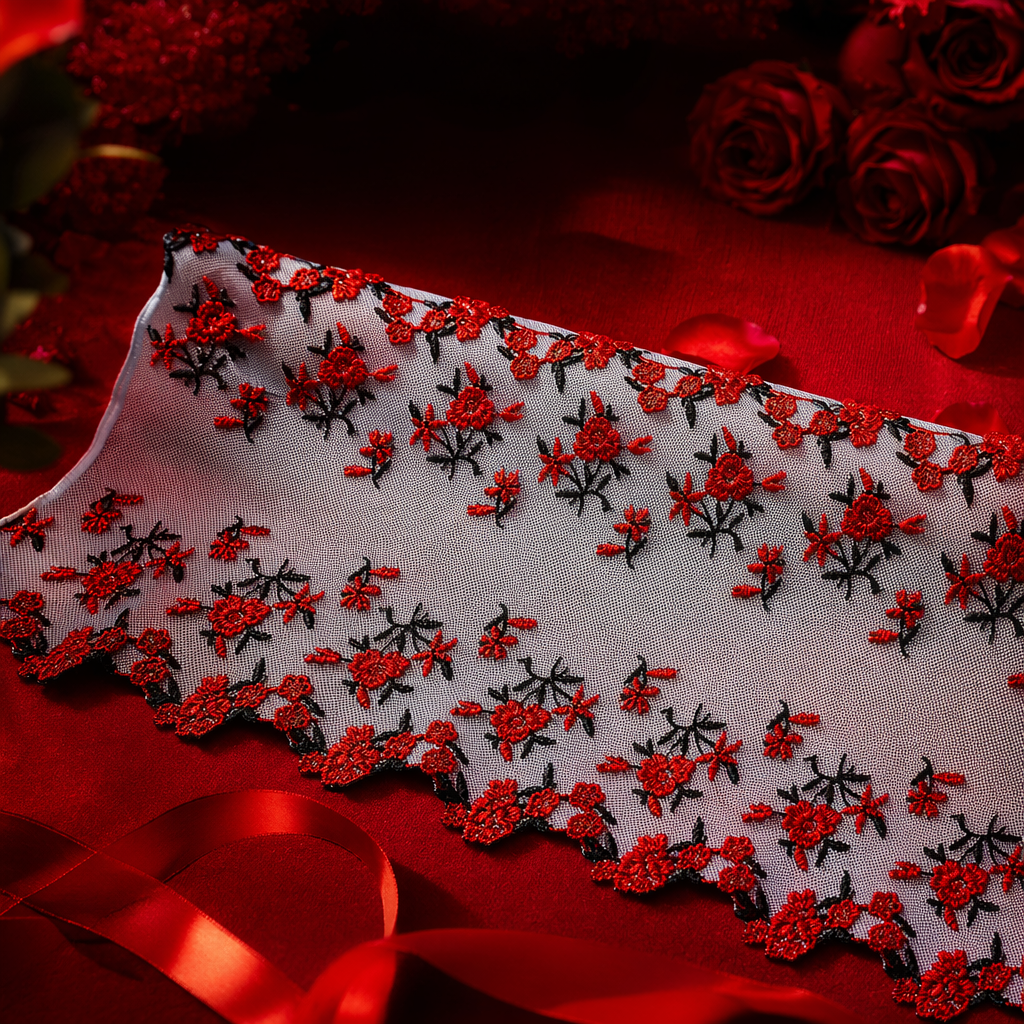 Red embroidered floral lace trim Specification image