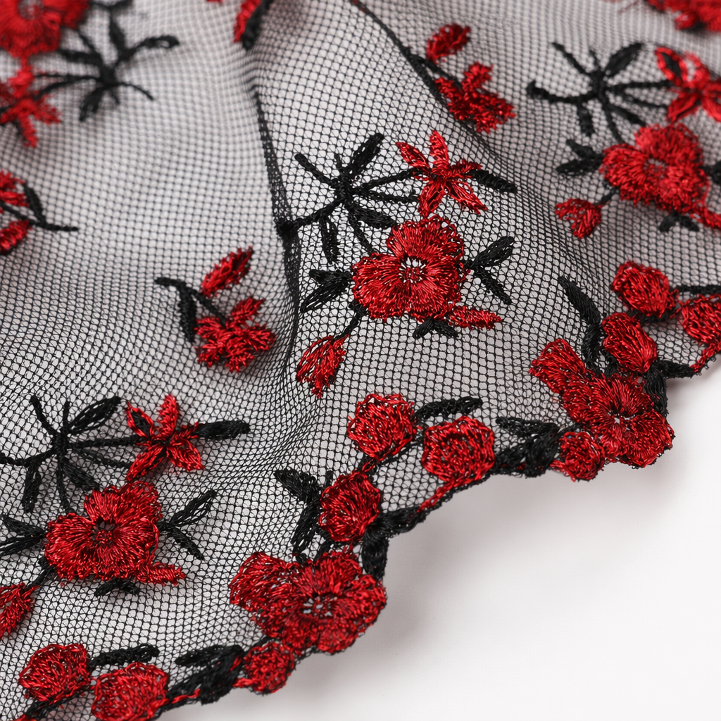 Red embroidered floral lace trim Application Scenario