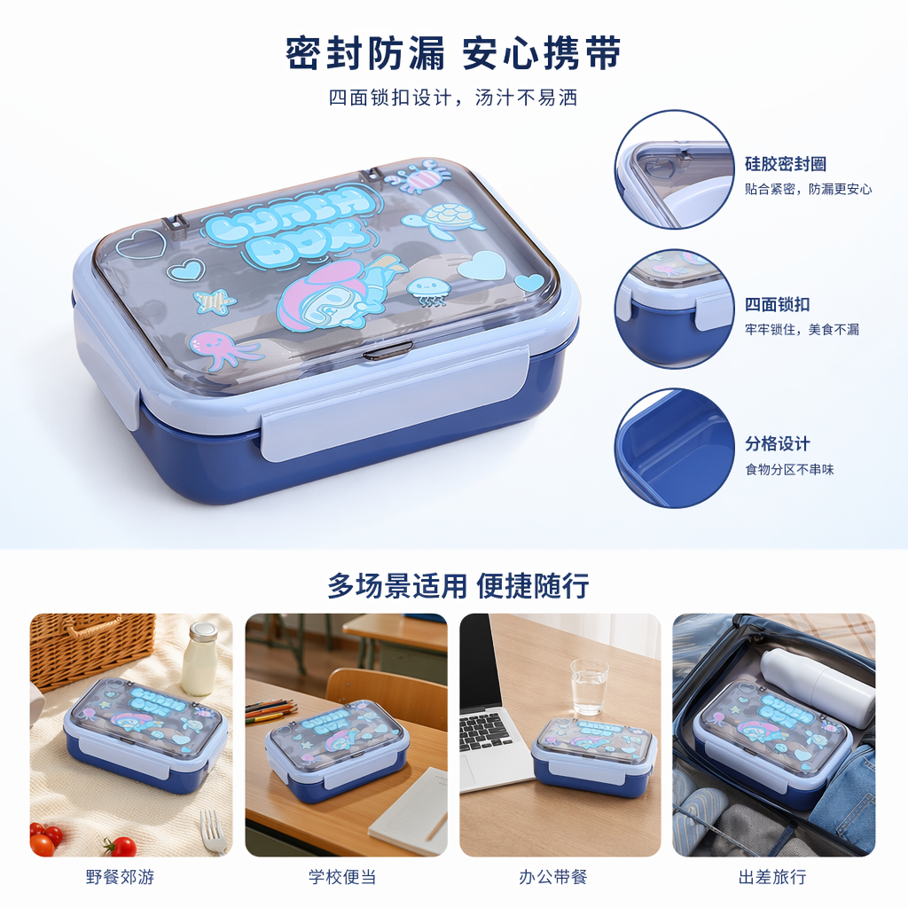 Blue cartoon children's lunch box, portable sealed lunch box