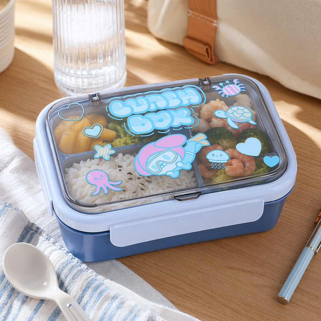 Blue cartoon children's lunch box, portable sealed lunch box details Picture