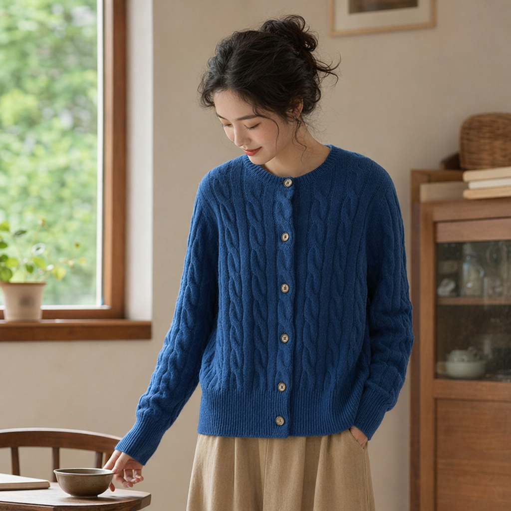 Dark blue knitted cardigan for women's slimming long sweater coat details Picture