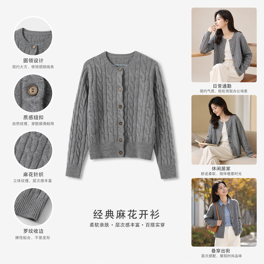 灰色麻花针织开衫女春秋薄款外搭慵懒风宽松上衣