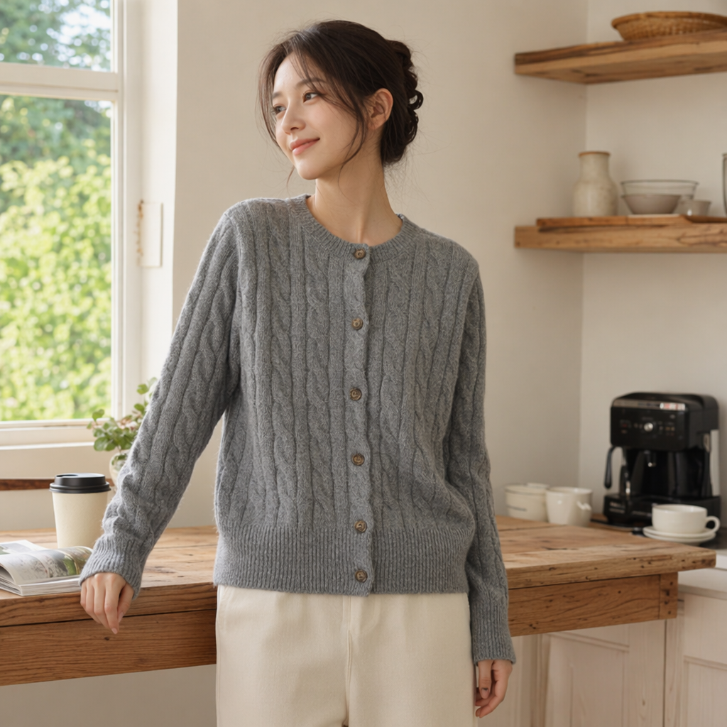 A grey knitted cardigan for women in spring and autumn, paired with a loose and laid-back top details Picture