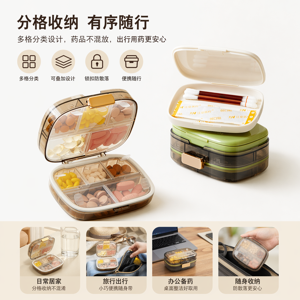 透明分格药盒配白色盖金色卡扣 内含彩色药片附棉签创口贴绿底座