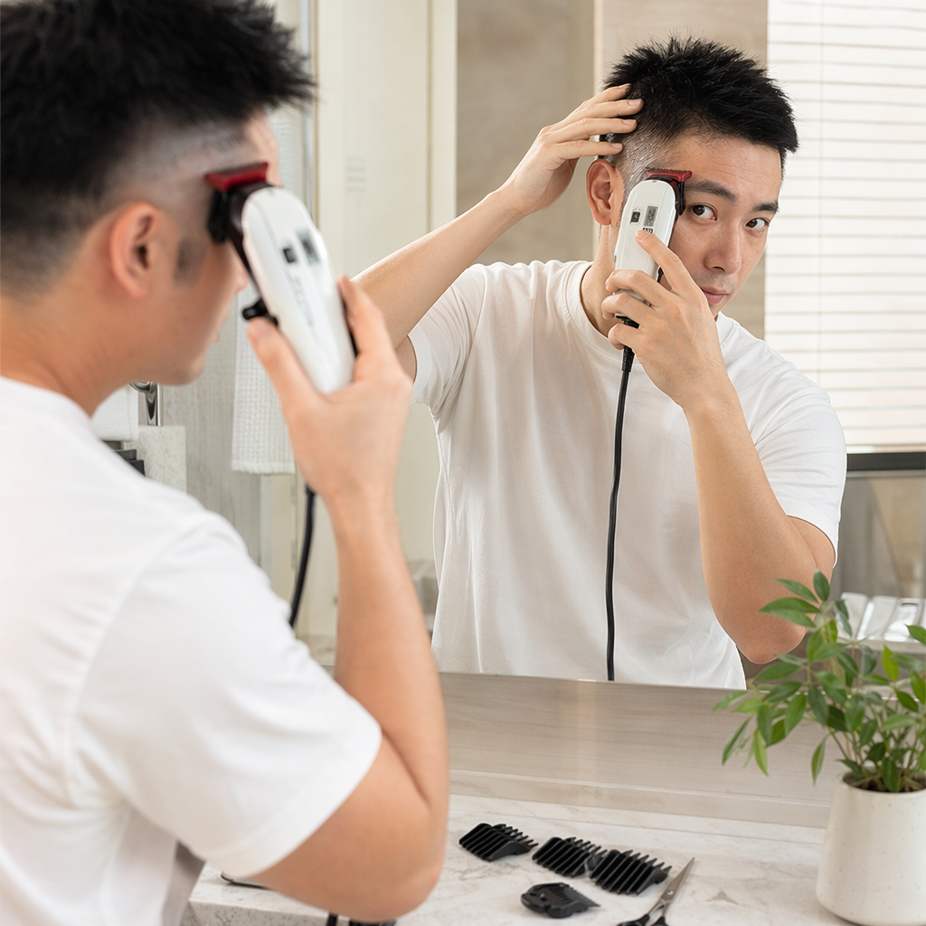 White electric clipper and accessories: Home hair clipper, silent rechargeable, with blade head lubricating oil details Picture
